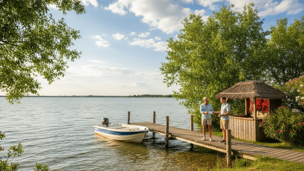 louez un bateau au lac de biscarrosse et profitez d'une aventure unique. paiement sécurisé accepté par chèque ancv pour une réservation facile et pratique.