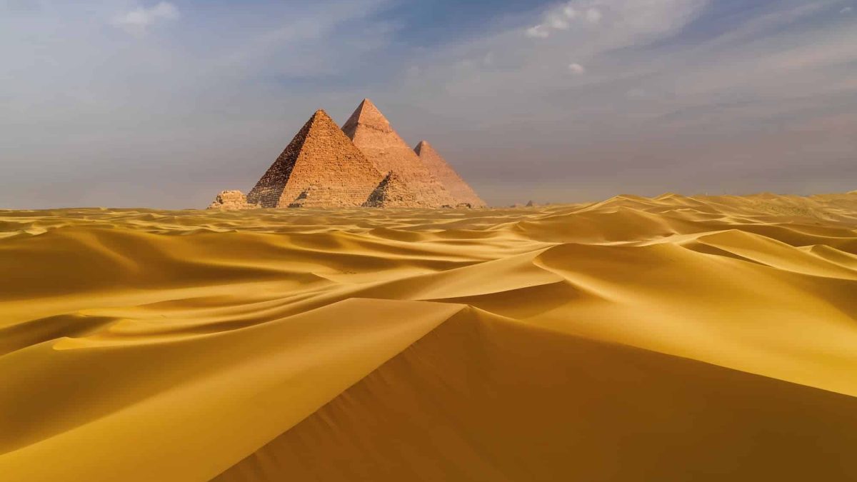 Sunset view of Pyramid complex of Giza, in Cairo, Egypt